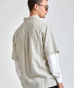 SALE Afends Mens High Street - Hemp Stripe Short Sleeve Shirt - Cream