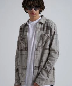 Afends Mens Mackey - Hemp Check Flannel Long Sleeve Shirt - Desert SALE