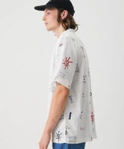 SALE Afends Mens Beni - Hemp Cuban Short Sleeve Shirt - White