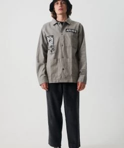 Afends Mens Late Start - Hemp Herringbone Work Jacket - Olive SALE