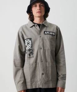 Afends Mens Late Start - Hemp Herringbone Work Jacket - Olive SALE