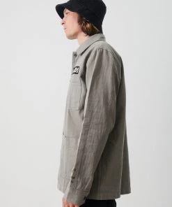 Afends Mens Late Start - Hemp Herringbone Work Jacket - Olive SALE
