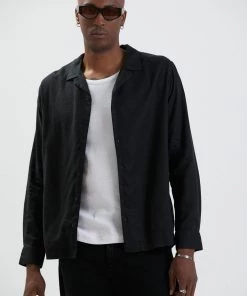 EVERYDAY ESSENTIALS Afends Mens Critical - Hemp Cuban Long Sleeve Shirt - Black