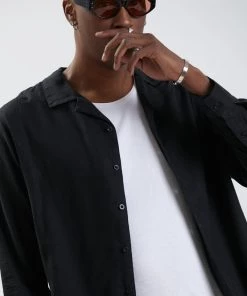 EVERYDAY ESSENTIALS Afends Mens Critical - Hemp Cuban Long Sleeve Shirt - Black