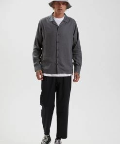 SALE Afends Mens Critical - Hemp Cuban Long Sleeve Shirt - Charcoal