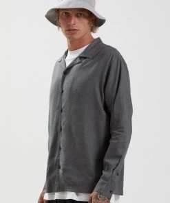 SALE Afends Mens Critical - Hemp Cuban Long Sleeve Shirt - Charcoal