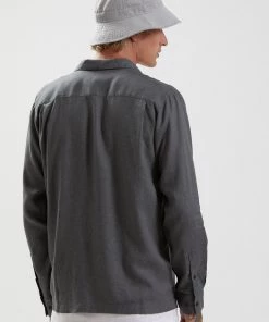 SALE Afends Mens Critical - Hemp Cuban Long Sleeve Shirt - Charcoal