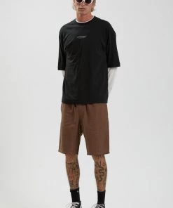 SALE Afends Mens Dendy - Organic Check Elastic Waist Short - Camel