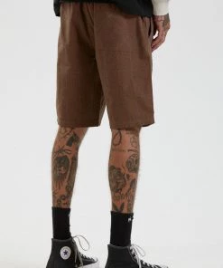 SALE Afends Mens Dendy - Organic Check Elastic Waist Short - Camel