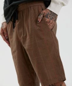 SALE Afends Mens Dendy - Organic Check Elastic Waist Short - Camel