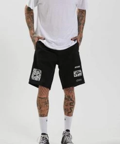 Afends Mens Late Start - Hemp Herringbone Elastic Waist Short - Black SALE