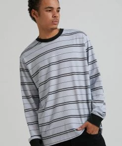 Clothing Afends Mens Transit - Recycled Stripe Long Sleeve T-Shirt - Glacier