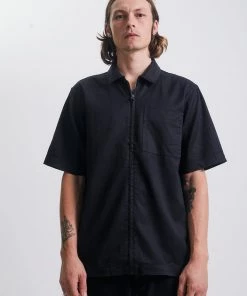 Afends Mens Chess Club - Hemp Zip Up Short Sleeve Shirt - Black