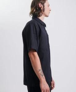 Afends Mens Chess Club - Hemp Zip Up Short Sleeve Shirt - Black