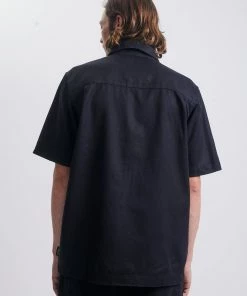 Afends Mens Chess Club - Hemp Zip Up Short Sleeve Shirt - Black