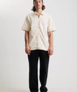 Afends Mens Chess Club - Hemp Zip Up Short Sleeve Shirt - Natural Clothing