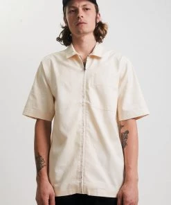 Afends Mens Chess Club - Hemp Zip Up Short Sleeve Shirt - Natural Clothing