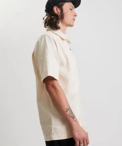 Afends Mens Chess Club - Hemp Zip Up Short Sleeve Shirt - Natural Clothing