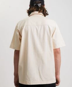 Afends Mens Chess Club - Hemp Zip Up Short Sleeve Shirt - Natural Clothing