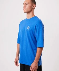 Afends Mens Rolled Up - Hemp Oversized T-Shirt - Electric Blue Clothing