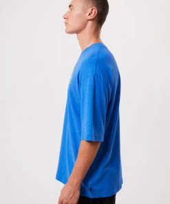Afends Mens Rolled Up - Hemp Oversized T-Shirt - Electric Blue Clothing