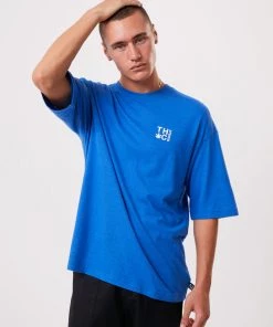 Afends Mens Rolled Up - Hemp Oversized T-Shirt - Electric Blue Clothing