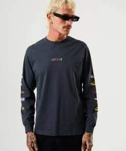 Clothing Afends Mens Wahzoo - Recycled Long Sleeve Graphic T-Shirt - Charcoal