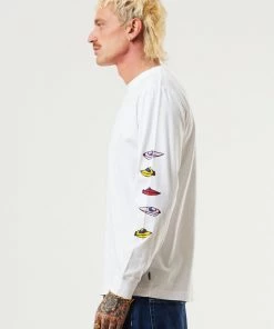 Afends Mens Wahzoo - Recycled Long Sleeve Graphic T-Shirt - White Clothing