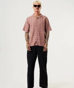 Afends Mens Colby - Hemp Check Cuban Short Sleeve Shirt - Plum