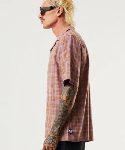 Afends Mens Colby - Hemp Check Cuban Short Sleeve Shirt - Plum
