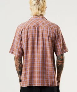 Afends Mens Colby - Hemp Check Cuban Short Sleeve Shirt - Plum