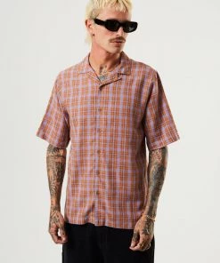 Afends Mens Colby - Hemp Check Cuban Short Sleeve Shirt - Plum