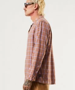 Afends Mens Colby - Hemp Check Cuban Long Sleeve Shirt - Plum Clothing