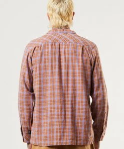 Afends Mens Colby - Hemp Check Cuban Long Sleeve Shirt - Plum Clothing