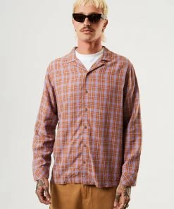 Afends Mens Colby - Hemp Check Cuban Long Sleeve Shirt - Plum Clothing
