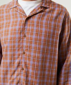 Afends Mens Colby - Hemp Check Cuban Long Sleeve Shirt - Plum Clothing