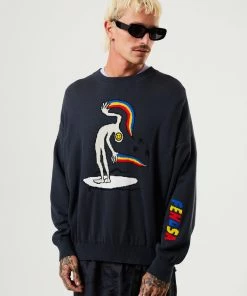 Afends Mens Naughty - Recycled Knit Crew Neck Jumper - Charcoal