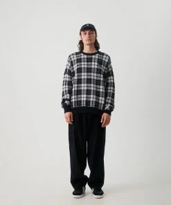 NEW ARRIVALS Afends Mens Asta - Hemp Check Knit Crew Neck Jumper - Steel 11 NEW ARRIVALS Afends Mens Asta - Hemp Check Knit Crew Neck Jumper - Steel