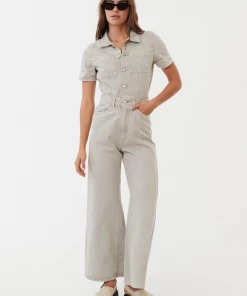 Afends Womens Miami - Organic Denim Flared Jumpsuit - Faded Cement