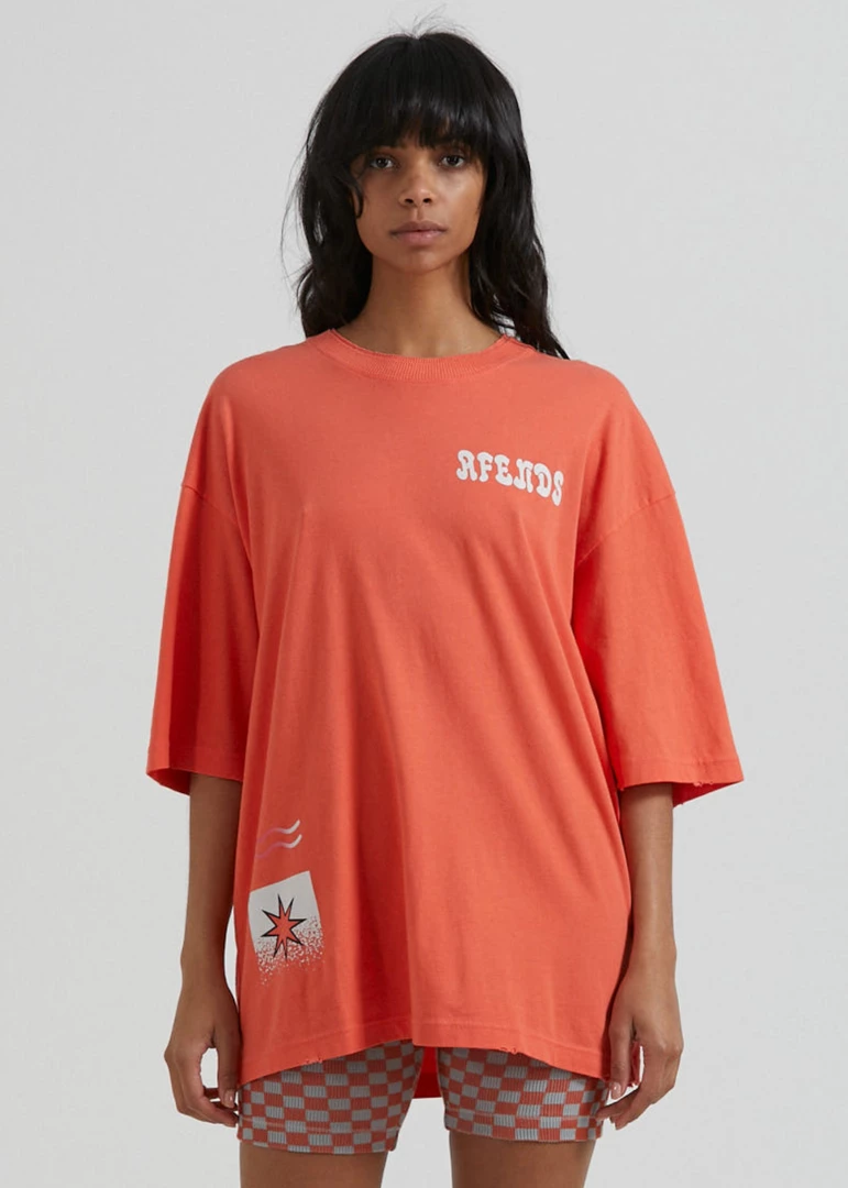 Afends Womens Shining - Recycled Oversized T-Shirt - Coral 1 Afends Womens Shining - Recycled Oversized T-Shirt - Coral