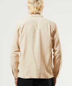Afends Mens Critical - Hemp Cuban Long Sleeve Shirt - Bone