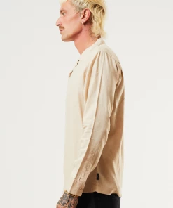 Afends Mens Critical - Hemp Cuban Long Sleeve Shirt - Bone