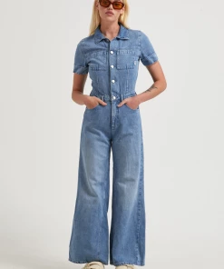 Afends Womens Miami - Hemp Denim Flared Jumpsuit - Worn Blue