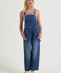 Afends Womens Louis - Hemp Denim Baggy Overalls - Authentic Blue Clothing