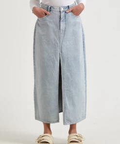 Afends Womens Ayla - Hemp Denim Split Midi Skirt - Vintage Blue Clothing