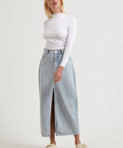 Afends Womens Ayla - Hemp Denim Split Midi Skirt - Vintage Blue Clothing