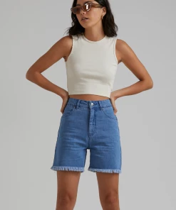 Afends Womens Shelby - Hemp Denim Cut Off Short - Classic Blue