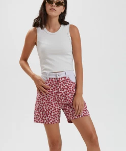 SALE Afends Womens Shelby - Hemp Canvas Floral High Waisted Shorts - Red