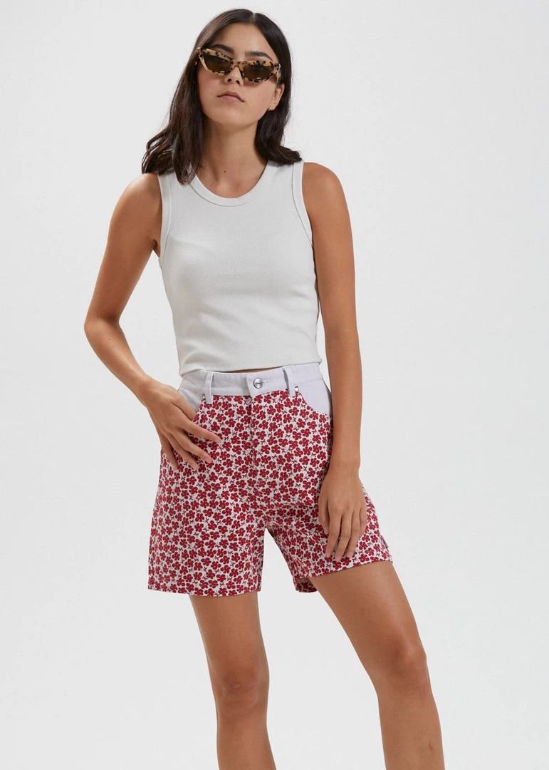 SALE Afends Womens Shelby - Hemp Canvas Floral High Waisted Shorts - Red 1 SALE Afends Womens Shelby - Hemp Canvas Floral High Waisted Shorts - Red