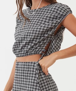 Afends Womens Asta - Hemp Seeksucker Check Tie Top - Steel